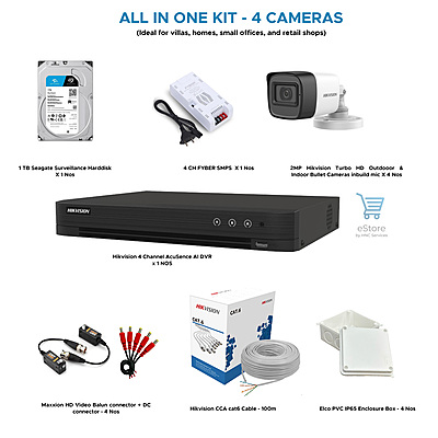 Hikvision 4 Channel CCTV Surveillance System Combo pack of 4 Outdoor Cameras (DIY kit)